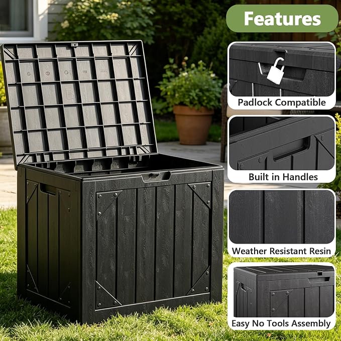 31 Gallon Outdoor Deck Box 4 Pack, Waterproof Resin Patio Storage Boxes with Lockable Lid, Small Outdoor Storage for Cushions, Accessories, Garden Tools, Indoor Outdoor Organizer, Black