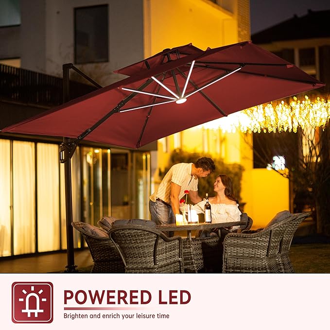 9 X 12 FT Cantilever Outdoor Patio Umbrella with LED Lights Large Heavy Duty 360° Rotation Double Top Offset Rectangular Umbrellas for Backyard Garden Pool Outside Deck, Red