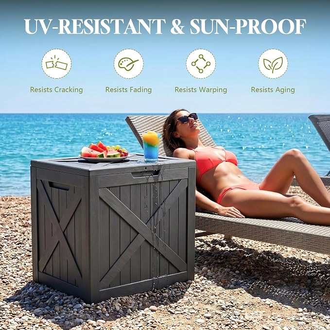 Waterproof Outdoor Storage Box Outside Deck Box Lockable Resin Bench UV Resistant Furniture Cushion Pool Tool Float Bin Patio Garden Porch (Black, 40 Gallon)