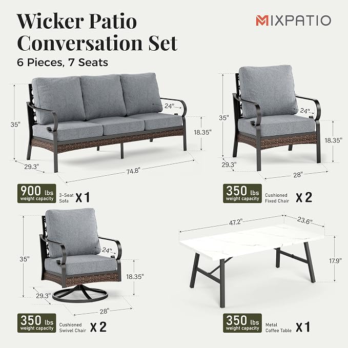 MIXPATIO Patio Furniture Set with Coffee Table, Outdoor Conversation Set with 2 x Fixed Chairs, 2 x Swivel Chairs, 1 x 3-Seat Sofa for Lawn Garden Backyard, Grey