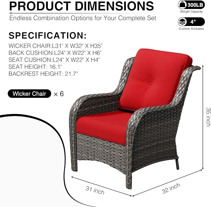 Joyside 6 Piece Wicker Patio Furniture Set, Rattan Patio Chairs with High Back, Deep Seating, Wide Armrest, Thickened Cushions, Outdoor Furniture for Deck, Porch Use
