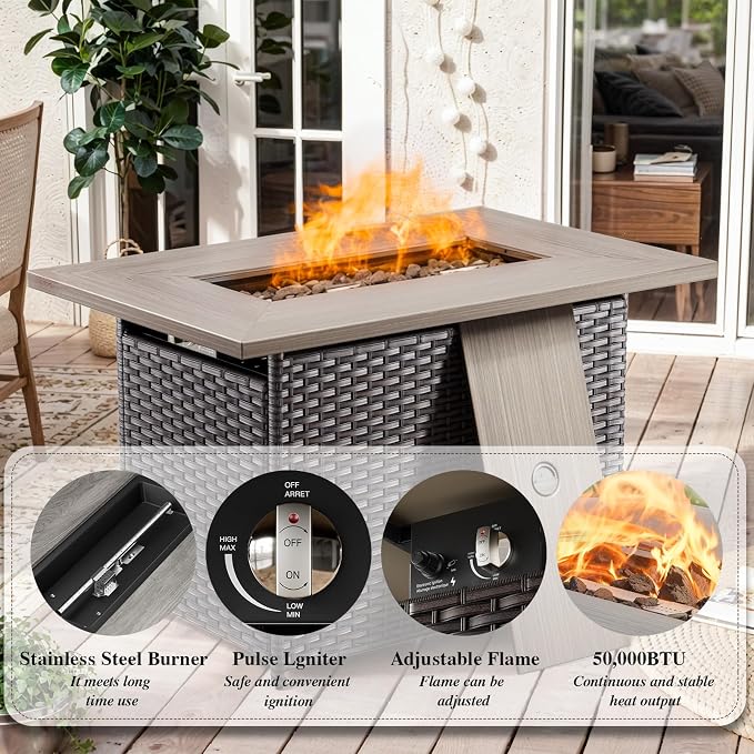 HUMMUH Patio Furniture Set with Fire Pit Table 5-Piece Wicker Outdoor Swivel Rocker Patio Chairs High Back Outdoor Couch Conversation Set for Porch, Backyard, Deck