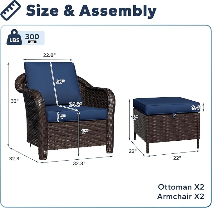 Outdoor Chairs Set with Ottomans, 4 PCS Patio Conversation Furniture Set with Removable Cushions, All-Weather Wicker Furniture for Porch, Backyard, Deck, Sunroom (Navy Blue)
