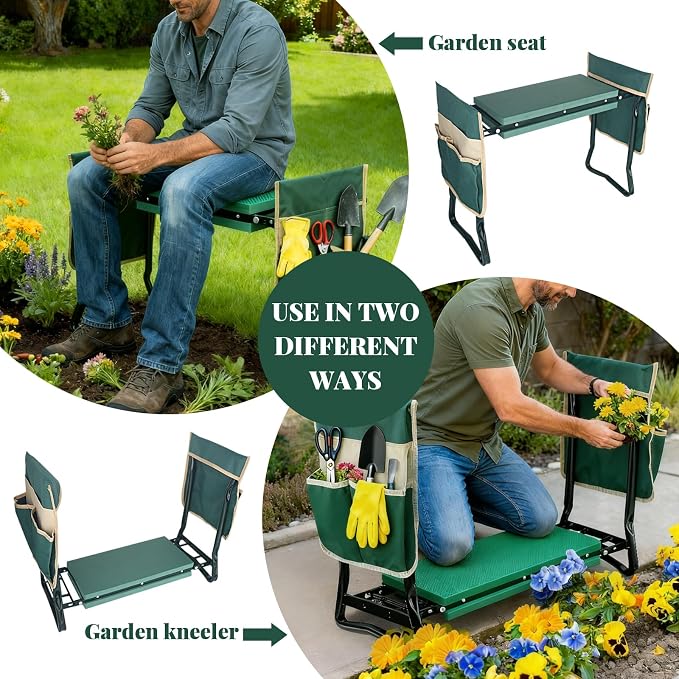 RAIN SPIRIT Garden Kneeler and Seat with Thicken & Widen Soft Kneeling Pad,Heavy Duty Gardening Bench Kneeler and seat Foldable Gardening Stool with 2 Tool Pouches，Gifts for Women, Seniors, Mom & Dad