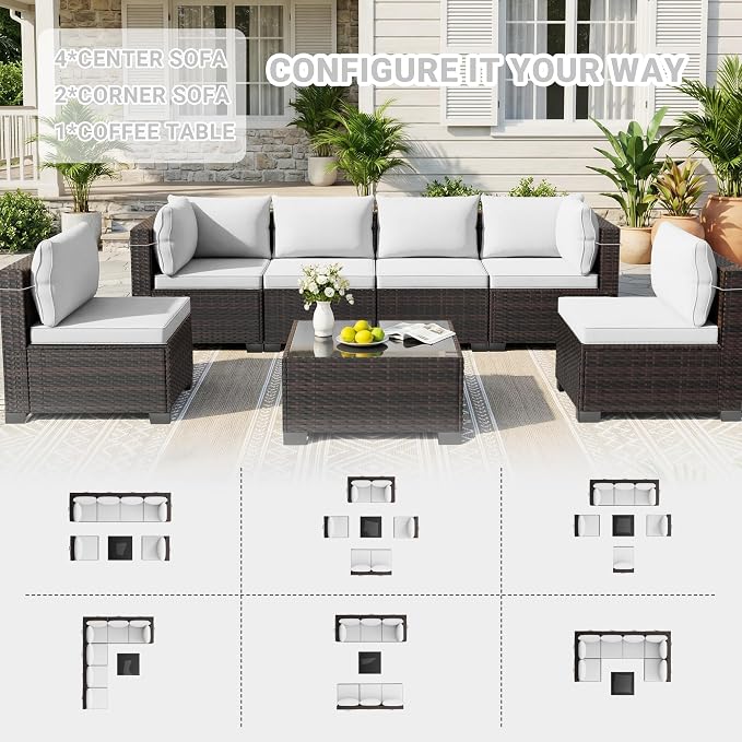 LEVELEVE 7-Piece Outdoor Patio Furniture Sets, Manual Weaving Rattan Conversation Sectional Sofa with Tempered Glass Coffee Table, All-Weather PE Wicker & Thick Cushions for Garden, Backyard, Porch