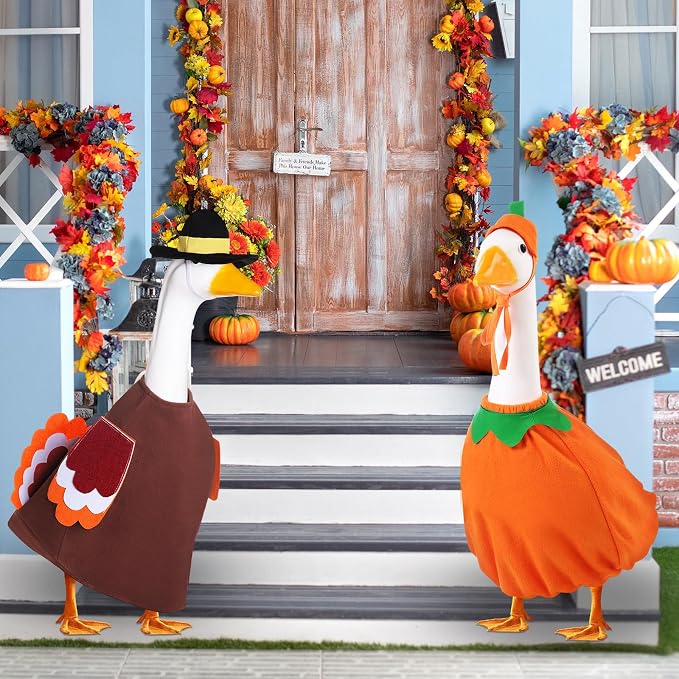2 Set Thanksgiving Day Goose Outfit Lawn Porch Cloths Plastic Goose Clothing Fall Halloween Outfit for 23" Outdoor Patio Yard Lawn Art Decoration