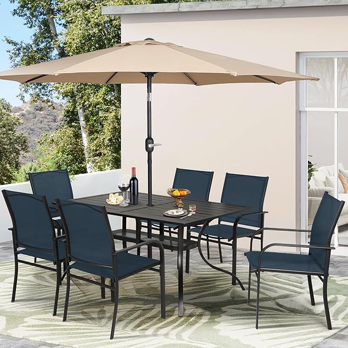 Crownland 7 Piece Patio Dining Set, Outdoor Textilene Dining Sets, 6 Textilene Metal Chairs and Rectangular Outdoor Dining Table with Khaki 9FT Round Outdoor Umbrella (Blue)