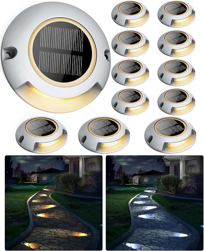 Solar Driveway Lights Outdoor Waterproof, 2 Color Modes Deck Lights | Outdoor Solar Deck Dock Warning Step Lights for Driveway Marker Sidewalk Garden Pathway Yard (12 Pack)