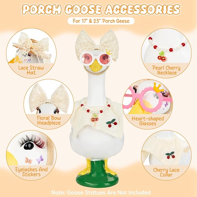 Porch Goose Statue 8pc Accessory Combination Set, White Lace Goose Accessories Kit with Glasses Bow Hat Necklace Stickers for 23 Inch Goose, Elegant Girl Style Yard Decor (White Lace 8PC)