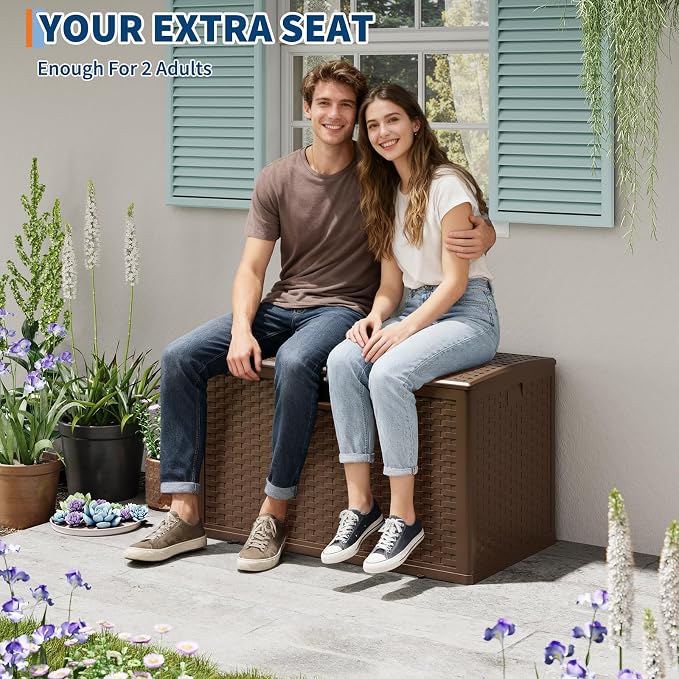 120 Gallon Outdoor Storage Box, Large Waterproof Resin Deck Box Indoor and Outdoor Use, Lockable Patio Storage Box for Garden Cushions, Tools, Equipment, Brown