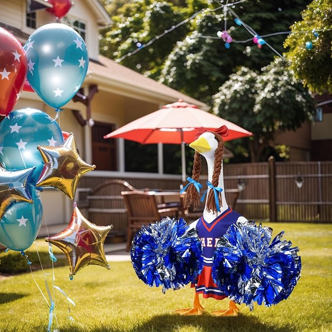 Cheerleader Porch Goose Outfits, Red Blue Goose Outfits for 23 Inch Porch Goose, Funny Goose Clothes with Pom Poms, Festive Porch Goose Decor for Sports Season and Game Day