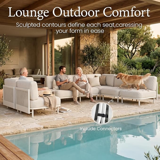 LayinSun 9 Pieces Patio Furniture Set with Coffee Table, Modern Outdoor Modular Sectional Conversation Set L-Shaped Sofa with 7-inch Cushion for Garden Backyard Deck