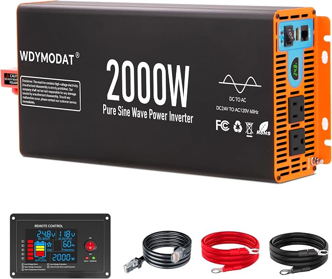 2000W Pure Sine Wave Inverter,24V DC to 120V AC Car Power Inverter 4000W Peak with 2AC Outlets, 3.0A USB and Type-C, LCD Display 16.5 ft Remote Control for RV Truck Travel Solar Emergency