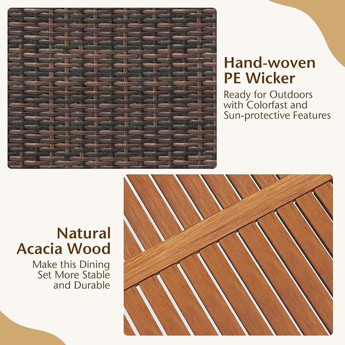7 Pieces Patio Wicker Dining Set Outdoor Dining Set, Patio Furniture Set with Acacia Wood Table and Chairs, Garden Dining Table Set for Desk, Poolside, Backyard (Brown)