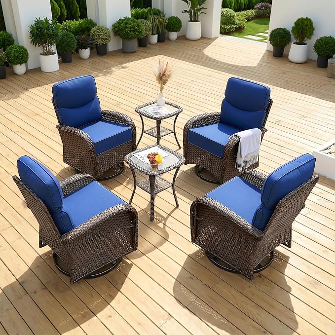 Patio Furniture Set with Luxury 6" Cushions, 6 Pieces Swivel Rocking High Back Patio Chairs, Outdoor Wicker Conversation Set for Deck, Porch, Backyard, Poolside, Blue