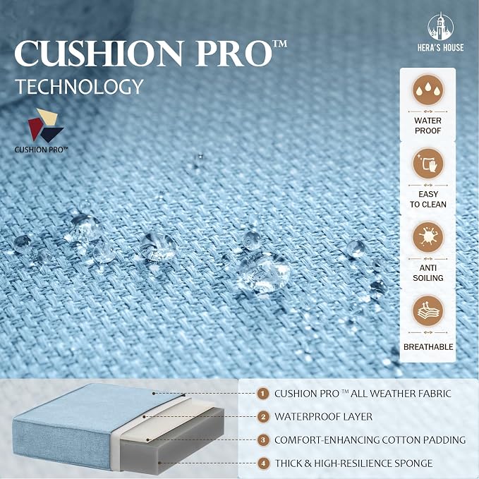 HERA'S HOUSE 6 Piece Patio Furniture Set, 2 x Rocking Cushioned Chair, 2 x Cushioned Ottoman, 1 x 3-Seat Sofa with Marbling Coffee Table, Outdoor Conversation Set for Lawn Garden Backyard, Blue