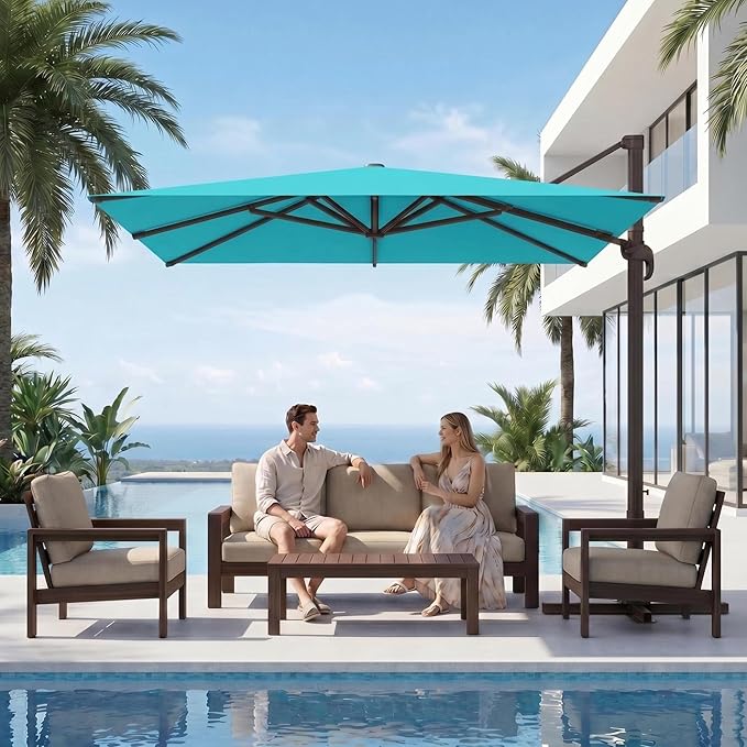 Kingdura 8' X 8' Cantilever Patio Umbrella with Base Included, Large Square Outdoor Offset Umbrella with 360-degree Rotation, Infinite Tilt, UV Protection for Pool Deck Garden Patio (Peacock blue)