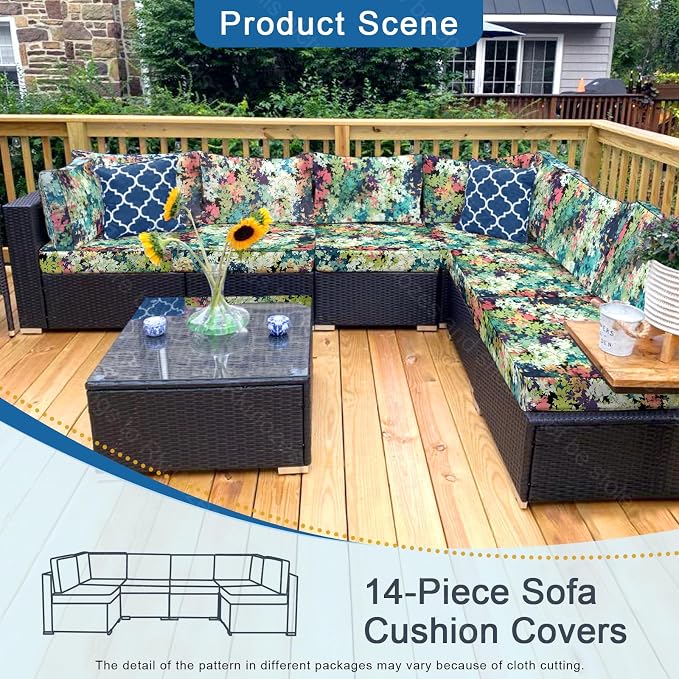 14 PCs Patio Cushion Covers, Furniture Cushion Slipcovers, 23.6"x23.6"x3.5" | Outdoor Cushion Slipcovers, Water Resistant Fabric, Zipper Design, Fits Patio Sectional Furniture