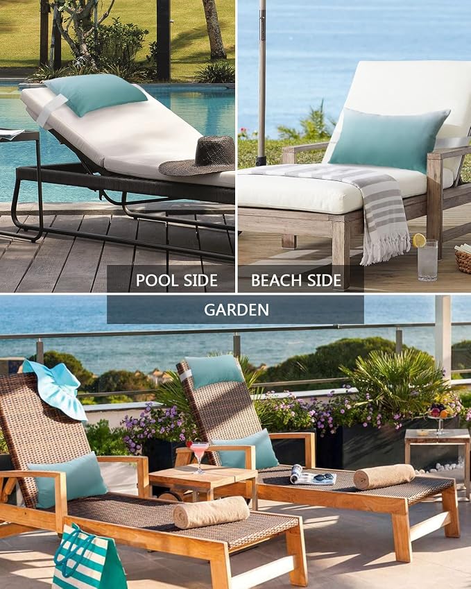Chaise Lounge Head Resting Pillows, Turquoise Green Gradient Color Outdoor Chaise Pillows, Waterproof Patio Furniture Pillows with Insert and Adjustable Elastic Stripe for Recliner Beach Chair