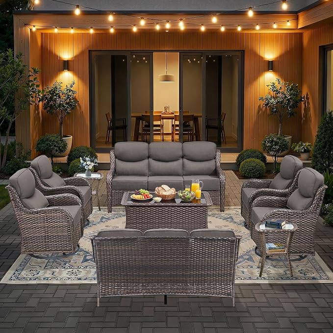 HUMMUH 9 Pieces Wicker Outdoor Furniture Set 6-inch Cushions High Back Patio Sofa Swivel Rocker Chairs Set of 2 with Coffee Table for Porch,Deck,Backyard