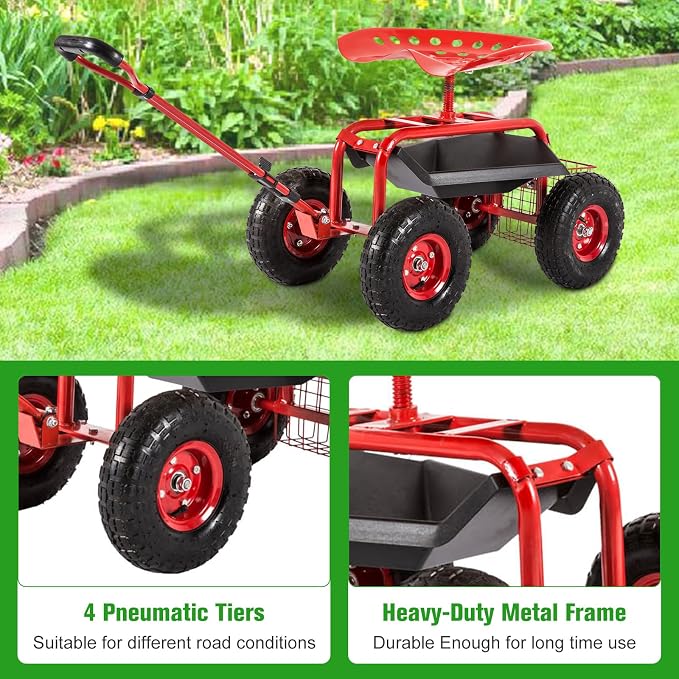 kinbor Rolling Garden Scooter Garden Cart with Tray, 360 Swivel Seat, Red