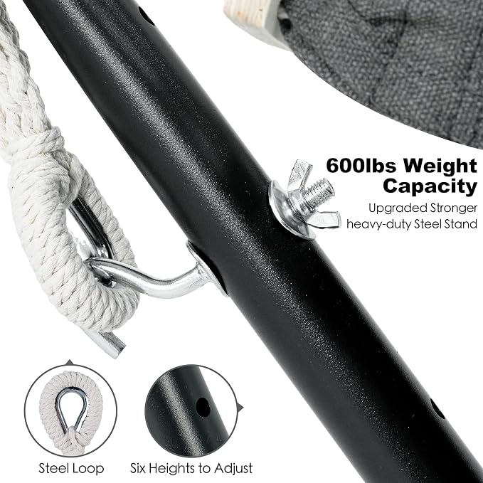 GAFETE Double Hammock with Stand for Outside, Upgraded Spreader Bar, Heavy Duty Space Saving Steel Stand 2 Person, Side Pocket, Easy Assembly, 600lbs Weight Capacity, Indoor & Outdoor (Dark Grey)
