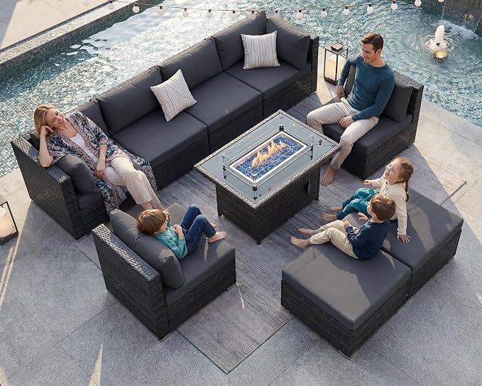 BULEXYARD 9 Pcs Highback Patio Furniture Set with Firepit, High-End Outdoor Sectional Couch with Ottoman 8-Seats, Cozy Comfy Wide Deep Deck Seating Group Conversation, Grey Rattan & Dark Gray Cushion