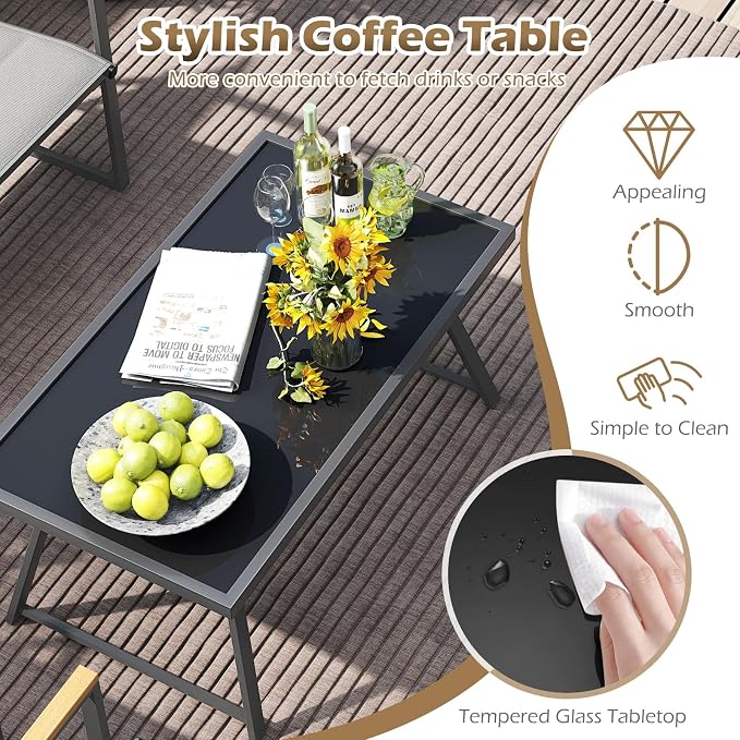 Tangkula 8 Piece Patio Furniture Set, Outdoor Metal Conversation Set with Padded Fabric Seat & Wood-Plastic Armrests, Sectional Sofa Set with Tempered Glass Coffee Table for Backyard, Porch (Gray)