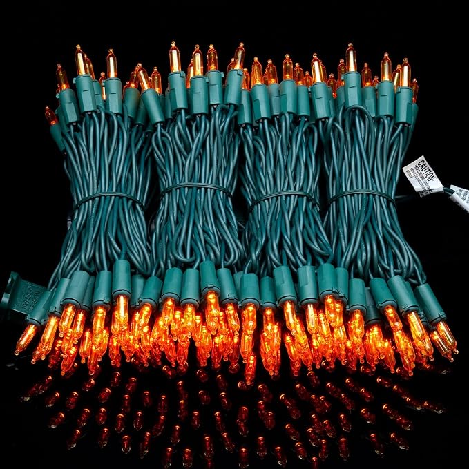 YULETIME 200 Orange LED Christmas Lights, 66 ft Green Wire UL String Light