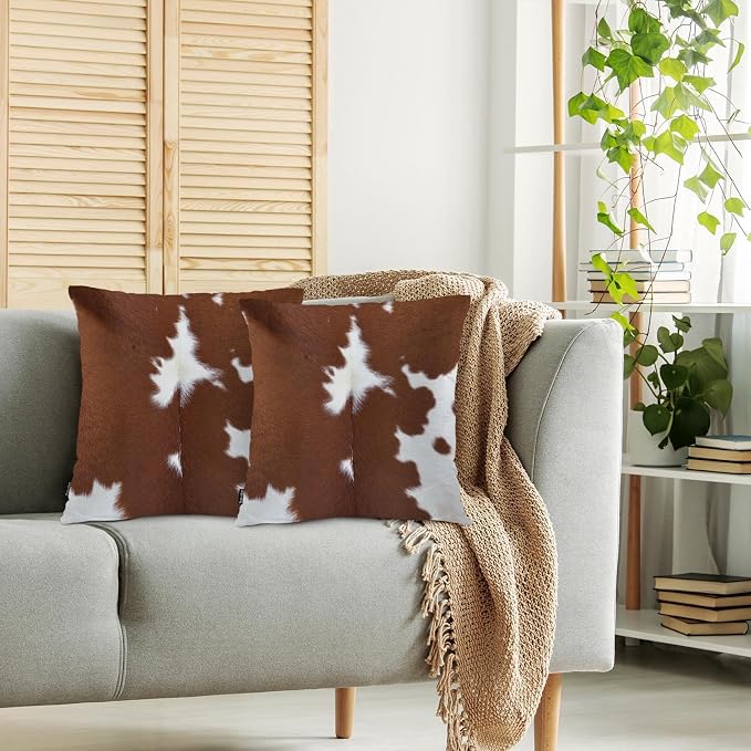 Swono Cowhide Decorative Throw Pillow Case 18" X 18", Farm Cattle Cow Cowhide Fur Standard Pillow Covers, Brown White Set of 2 Throw Pillowcase Cushion Covers for Couch Chair Bedroom Sofa Car Seats