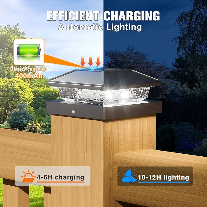 Solar Post Cap Lights,4x4 Post Solar Lights Cool White,Black 8 Pack | Fence Post Solar Lights for 4x4 Post Caps Wood Vinyl, IP64 Waterproof Solar Post Lights Outdoor, Solar Deck Post Lights