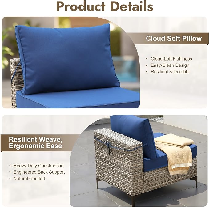 8 Pieces Patio Furniture Set with 42" Fire Pit, All-Weather Rattan Outdoor Sectional Conversation Sets L Shaped Sofas with Solar Light Coffee Table for Porch Balcony Backyard Navy Blue