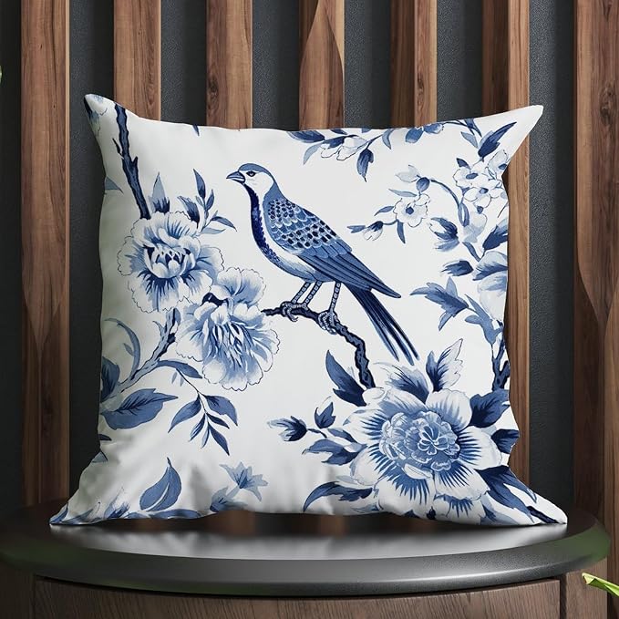 Pillowcase Blue Indigo Floral Chinoiserie Cushion Cover Farmhouse Asian Navy Lotus Bird Pillow Cover Accent Farmhouse Decor Pillow for Couch Sofa Patio 24x24 in