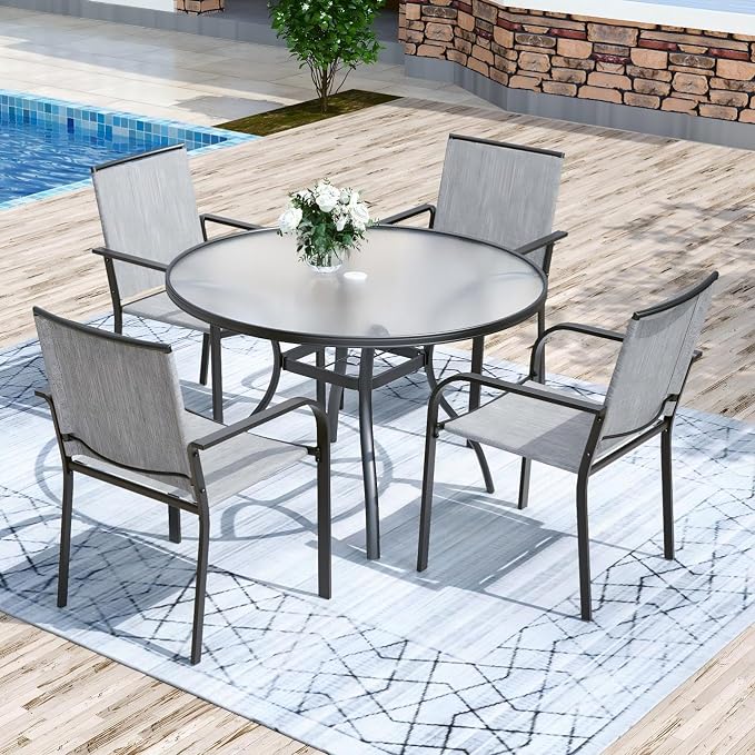 Anmutig 5-Piece Outdoor Patio Dining Set, 40-Inch Round Glass Table with 4 Stackable Chairs,Grey