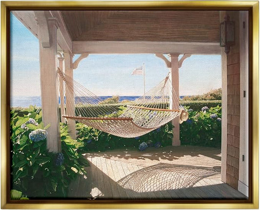 'Tranquil Hammock Warm Sunlit Porch Rural'| Floating Frame Canvas Art | Stupell Industries | Gold, 21 x 17 Inches, Easy to Hang and Sturdy, Made in USA, by Tom Mielko