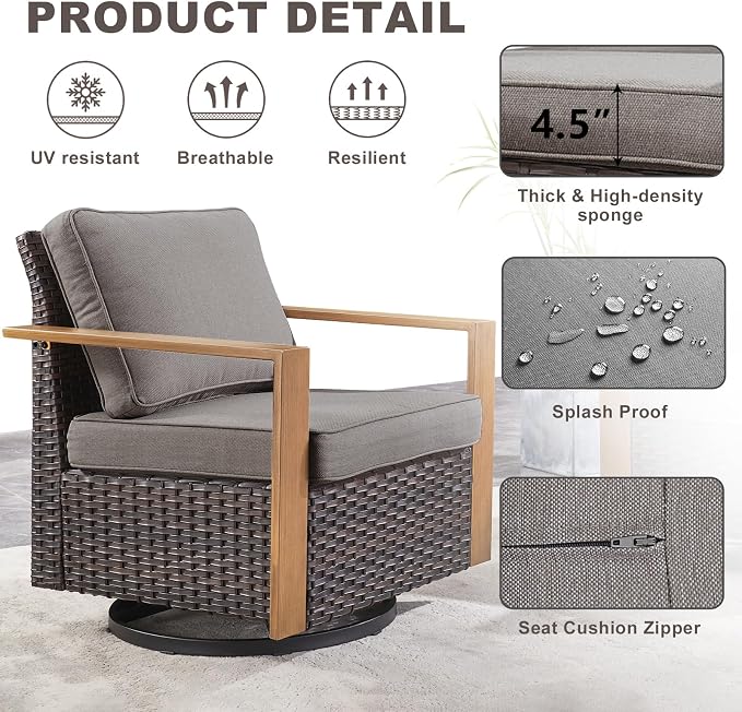 Rilyson Outdoor Wicker Patio Furniture Set - 6 Piece Patio Conversation Set with 2 Wicker Swivel Rocker Chairs,2 Rattan Ottoman,1 Side Table and 1 Couch,Thick Cushions,Deep Seating(Brown/Grey)