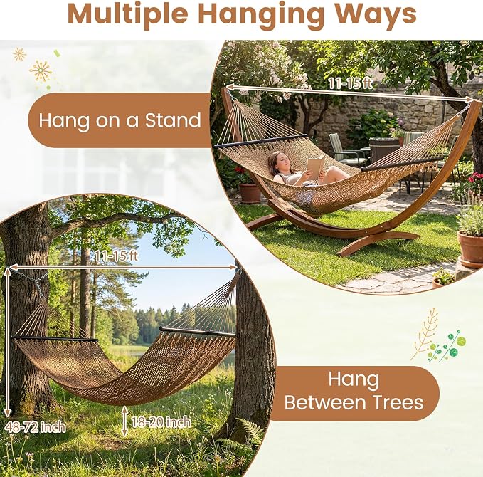 Tangkula 10.5FT Caribbean Double Hammock, Heavy Duty Portable Hammock with Curved Spreader Bars, Soft-Spun Polyester Rope, 2 Person Outdoor Hammocks for Outside, 600 lbs Max Load