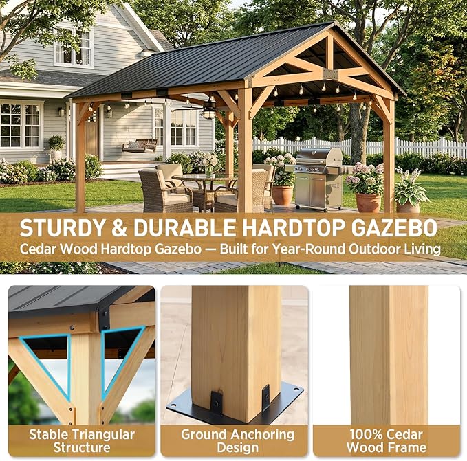 EAGLE PEAK 13x15 Hardtop Gazebo, Exposed Beam Rustic Gazebo, Galvanized Steel Gable Roof with Cedar Wood Frame, Outdoor Pavilion for Patio, Deck, Lawn and Garden Natural Wood/Black