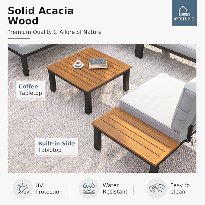 MFSTUDIO 6 Pieces Outdoor Sectional with Fire Pit Table, Metal L-Shaped Outdoor Patio Furniture Set with Cushion, Modular Patio Conversation Set, Modern Backyard Furniture for Deck,Garden