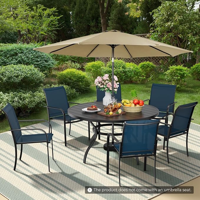 Incbruce 8 PCS Patio Dining Set with Brown Umbrella, Outdoor Dining Set of 6 Textilene Chairs and 53" Round Table with Umbrella Hole for Backyard, Garden, and Poolside (Blue)