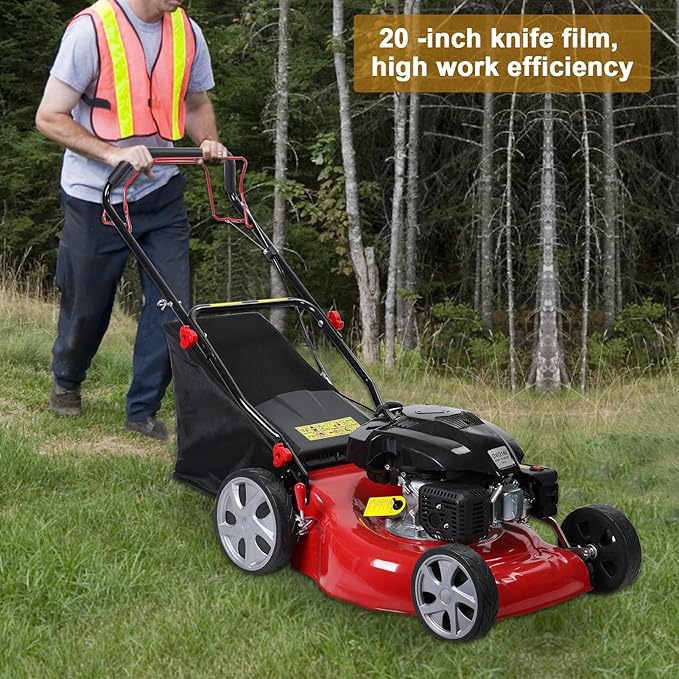 [Easy to Start] Self-Propelled Gas Lawn Mower, 20-Inch, 141cc 4-Stroke Engine, 3-in-1 Mulch/Bag/Side Discharge, 50L Grass Bag, Big Rear Wheels, 7-Position Height Adjustment Red