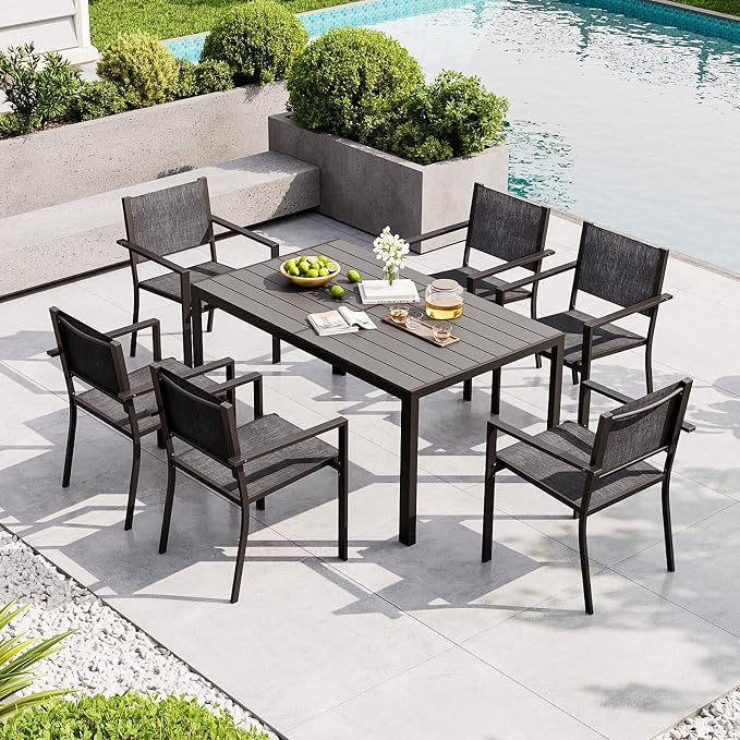 Aoxun 8-Piece Patio Table and Chairs Set & 15ft Patio Umbrella for 6, All Weather Outdoor Dining Set with 6 Textilene Chairs and 1 Rectangular Metal Table for Backyard, Garden, Grey/Beige