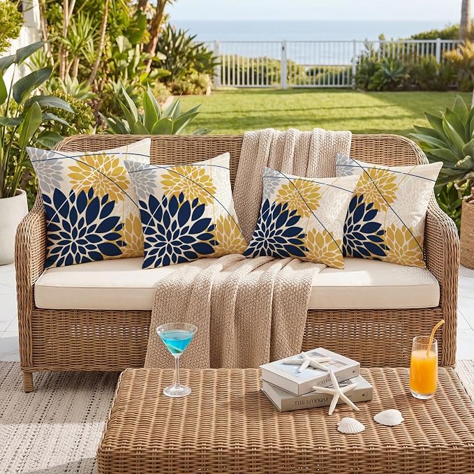 OTOSTAR Outdoor Dark Blue Yellow Pillow Covers 20x20 Inch Set of 2 Light Grey Flower Throw Pillows Geometric Dahlia Floral Square Cushion Case Waterproof Decor for Sofa Patio Funiture Garden