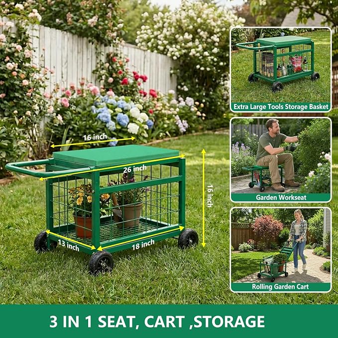 Garden Seat with Wheels, Rolling Garden Stool Heavy Duty Gardening Cart with Seat and 20 Quart Storage Space Use for Patio, Yard, and Outdoors