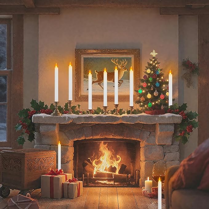 wemarry Flameless Taper Candles 10" Dripless Battery Operated Taper Candles Included Remote Timer 400+ Hours by 2AA Batteries for Halloween Christmas Wedding (White, 12 Pack)