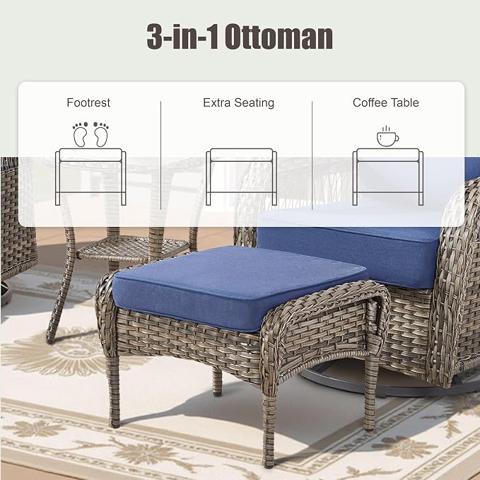 3 Pieces Patio Furniture Sofa Set, Wicker Sectional Outdoor Sofa with Ottomans, Outdoor Seating Furniture High Back Conversation Set for Balcony Deck Porch Backyard, Blue