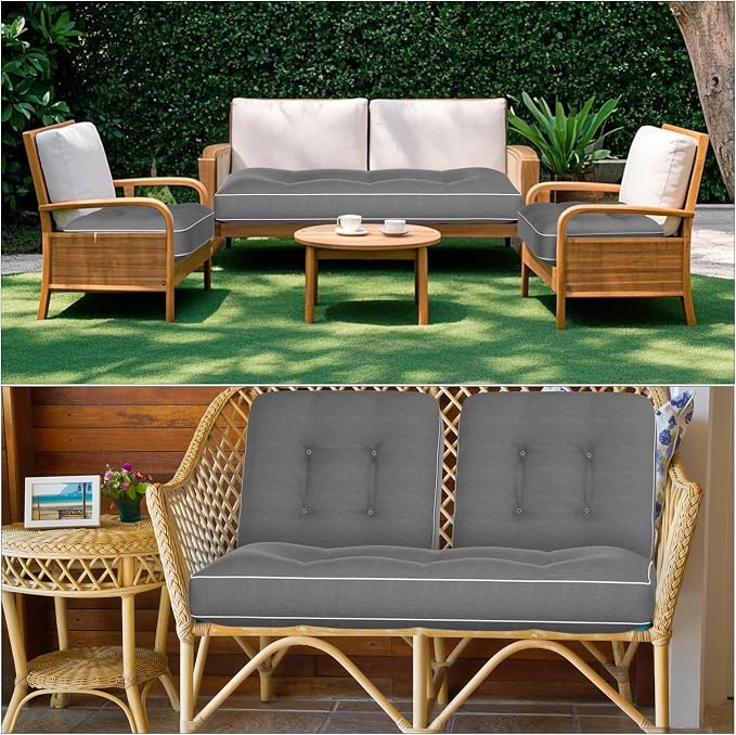 Wenqik 44 x 19 x 4 Inch Outdoor Bench Cushion Set of 3 Waterproof Tufted 1 Patio Loveseat Cushions and 2 Square Chair Seat Pad for Outdoor Furniture Couch Swing Sofa Wicker Settee(Gray)