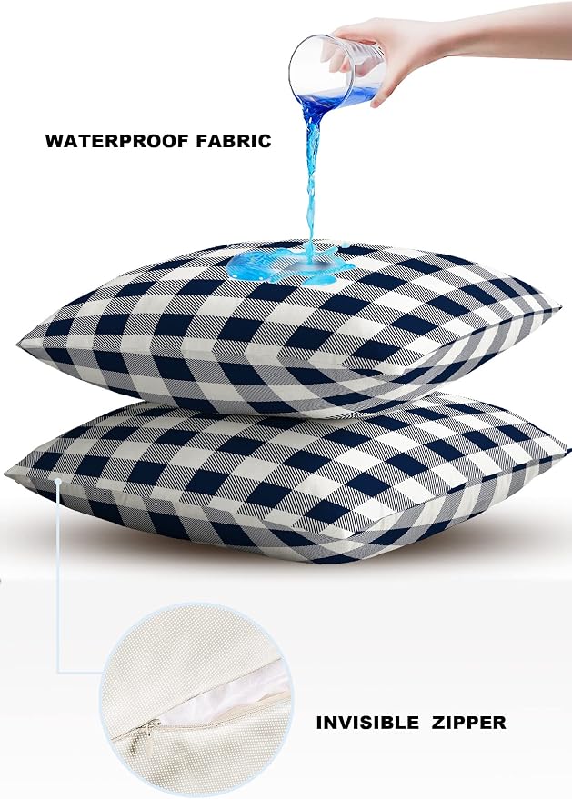 Outdoor Waterproof Throw Pillow Covers Set of 2 Buffalo Plaid Dark Blue Check Pillowcases 20x20 Inches Farmhouse Style Patio Decorative Pillows Cushion Case Patio Pillows for Couch Bed Chair Garden