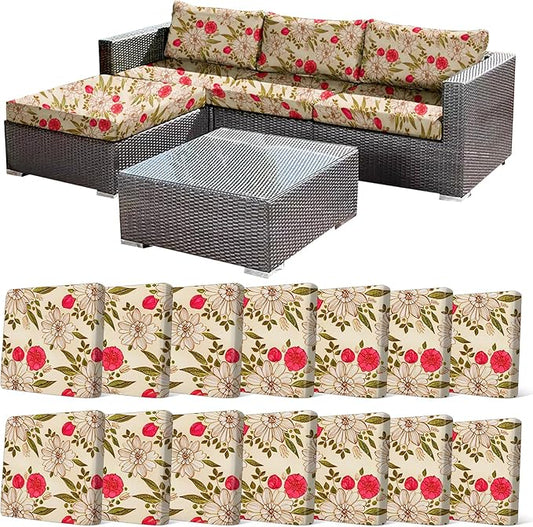 CALBODE 14Pcs Stretch Patio Cushion Cover, Floral Couch & Sofa Slipcovers for Patio Furniture Cushions Washable Reusable Couch Covers Replacement for All-Season (Rosy Pink Floral,Cover Only)