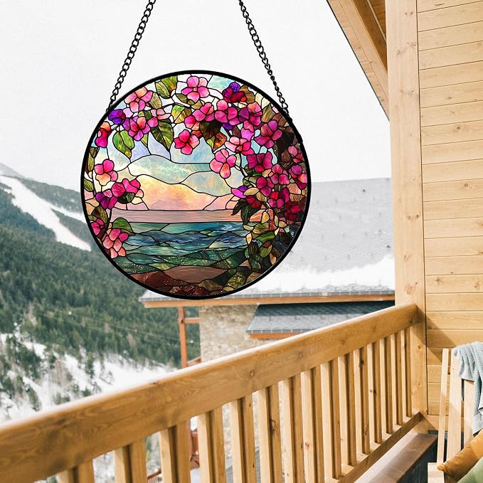 Stained Glass Window Hanging, Purple Flower Landscape Wreath Sun Catcher for Door Home Decor Plants Flowers Suncatcher Christmas Mother's Day Birthday Gifts for Women Men Mom Nana 6.3 in